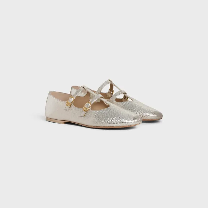 Les Ballerines Celine Double Strap Mary Jane In Lizard Stamped Metalized Calfskin Platinium Women CELINE LOAFERS AND FLATS