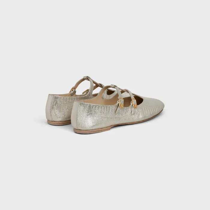 Les Ballerines Celine Double Strap Mary Jane In Lizard Stamped Metalized Calfskin Platinium Women CELINE LOAFERS AND FLATS