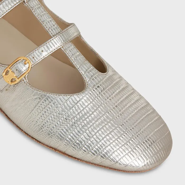 Les Ballerines Celine Double Strap Mary Jane In Lizard Stamped Metalized Calfskin Platinium Women CELINE LOAFERS AND FLATS