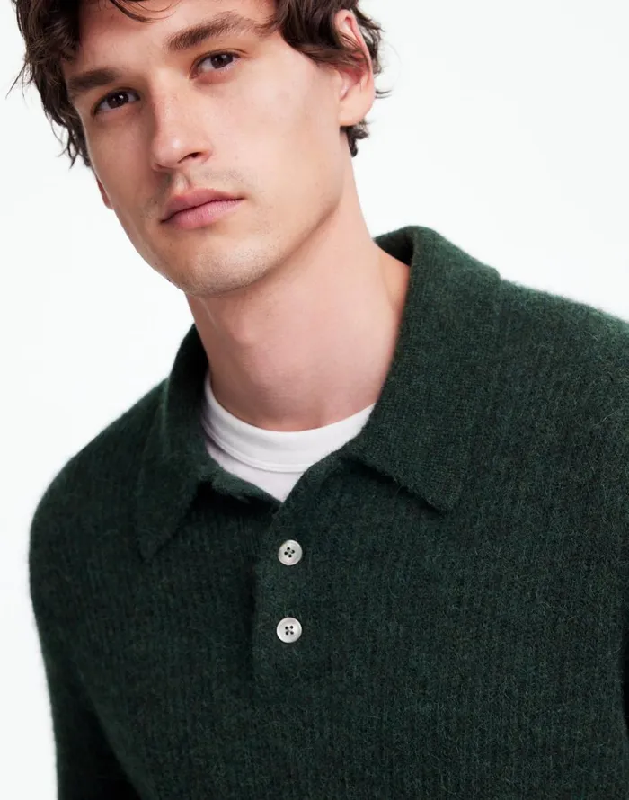 Madewell AlpacaBlend Sweater Polo Shirt Heather Black Pine Men Sweaters