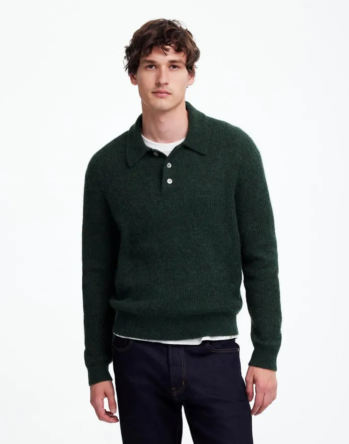 Madewell AlpacaBlend Sweater Polo Shirt Heather Black Pine Men Sweaters