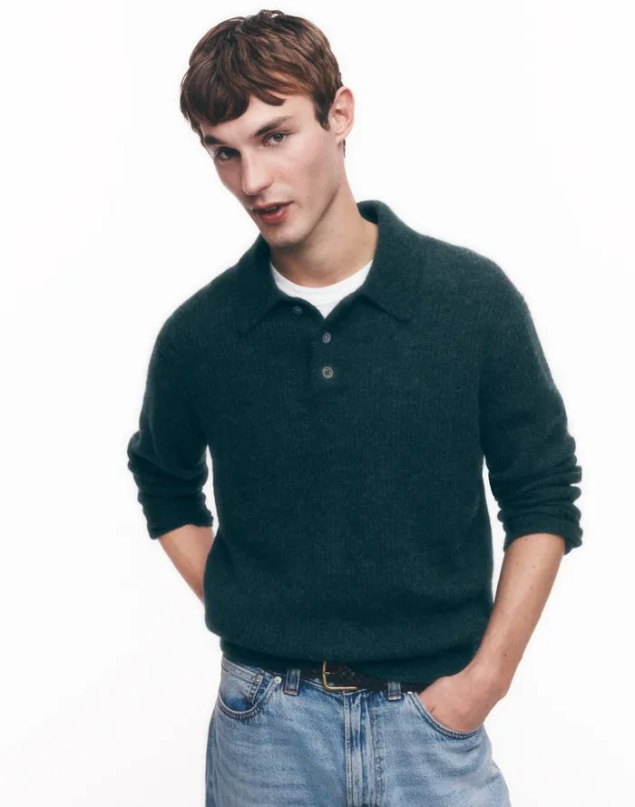 Madewell AlpacaBlend Sweater Polo Shirt Heather Black Pine Men Sweaters