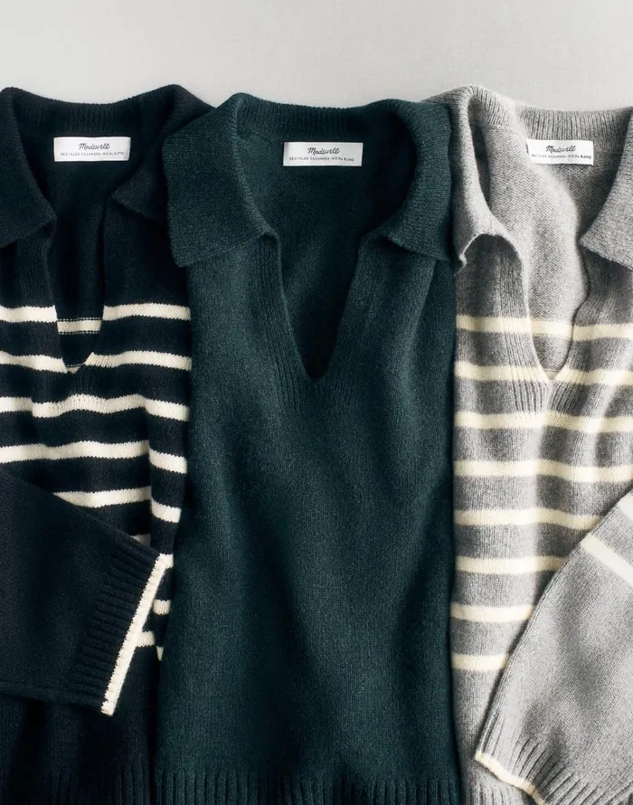 Madewell CashmereWool Blend Polo Sweater Asphalt Stripe Women Sweaters