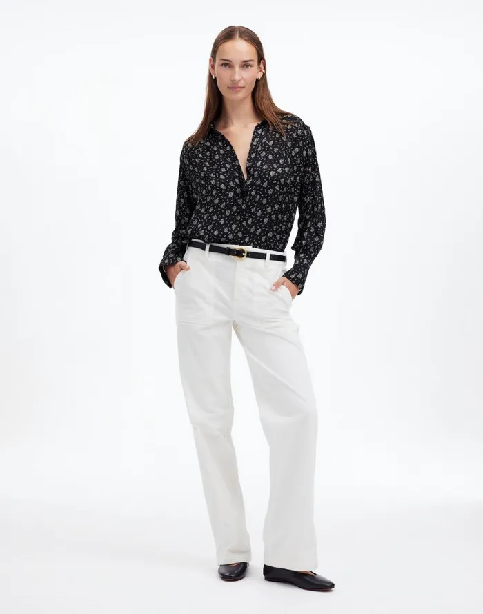 Madewell LongSleeve ButtonFront Top True Black Women Tops and Shirts