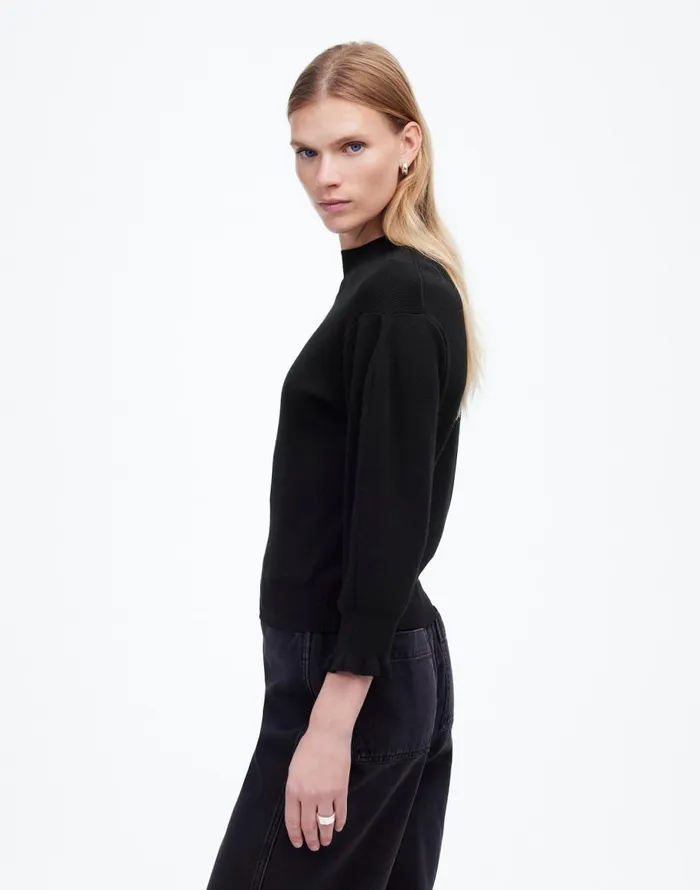 Madewell Merino Wool Ruffle Mockneck Sweater True Black Women Sweaters