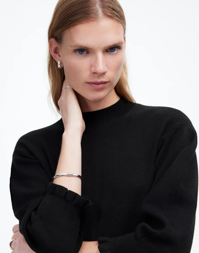 Madewell Merino Wool Ruffle Mockneck Sweater True Black Women Sweaters