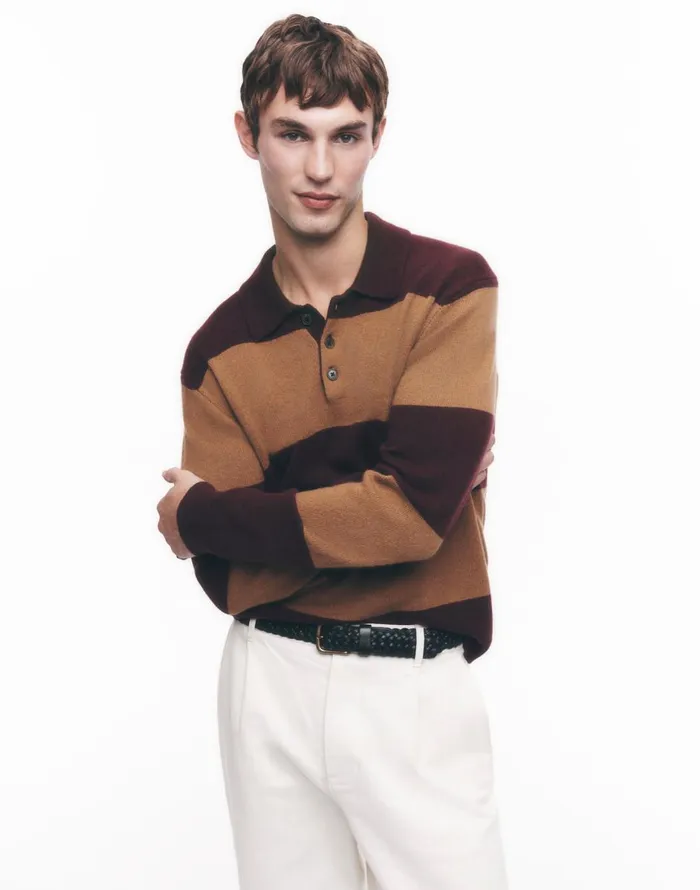 Madewell RugbyStripe Sweater Polo Shirt In SoftWool Heather Berry Men Shirts