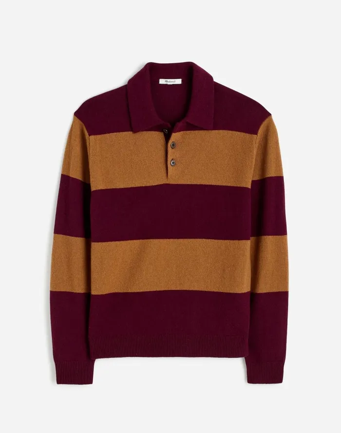 Madewell RugbyStripe Sweater Polo Shirt In SoftWool Heather Berry Men Shirts