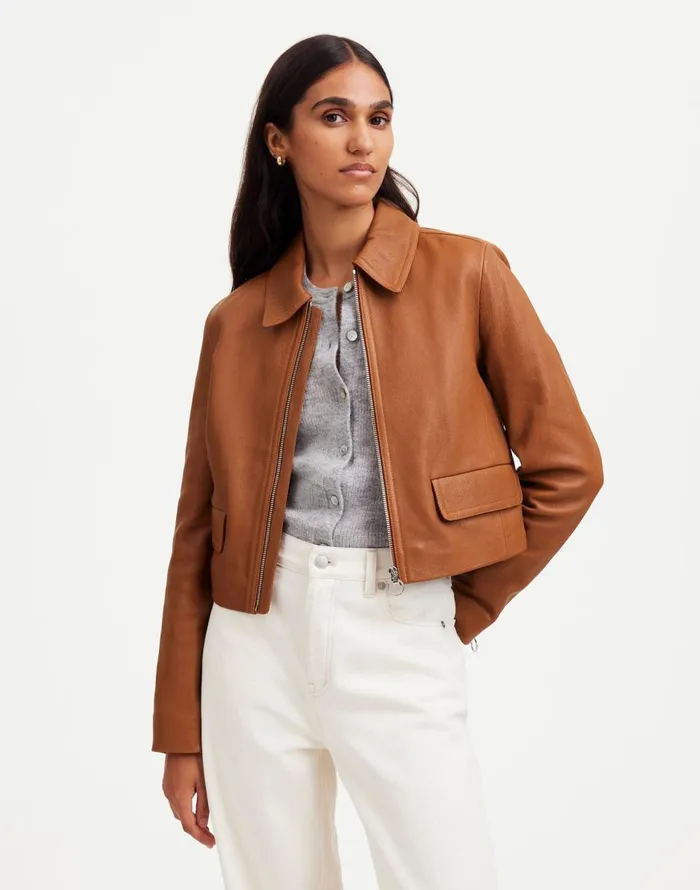 Madewell Shrunken ZipFront Jacket In Leather Cinnamon Stick Women Coats Jackets