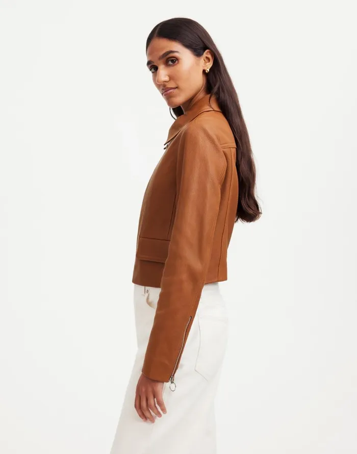 Madewell Shrunken ZipFront Jacket In Leather Cinnamon Stick Women Coats Jackets