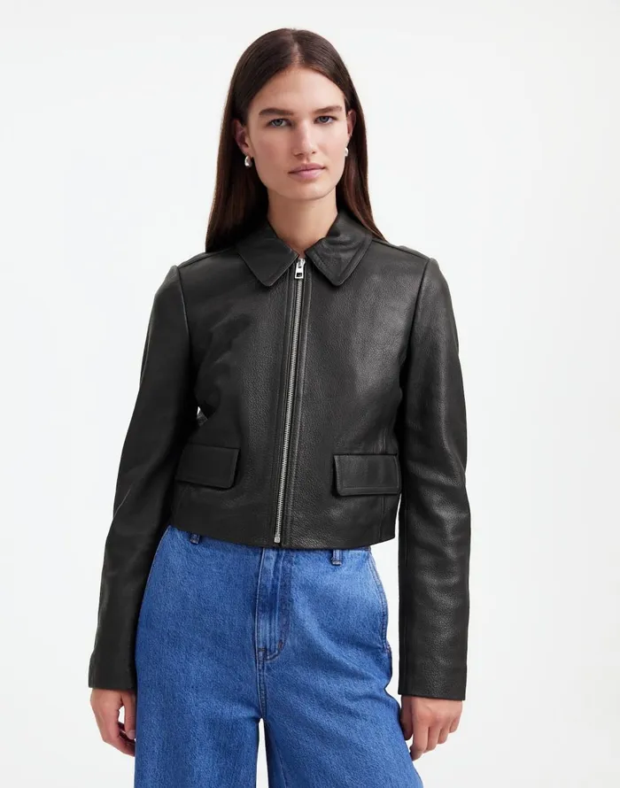 Madewell Shrunken ZipFront Jacket In Leather True Black Women Coats Jackets