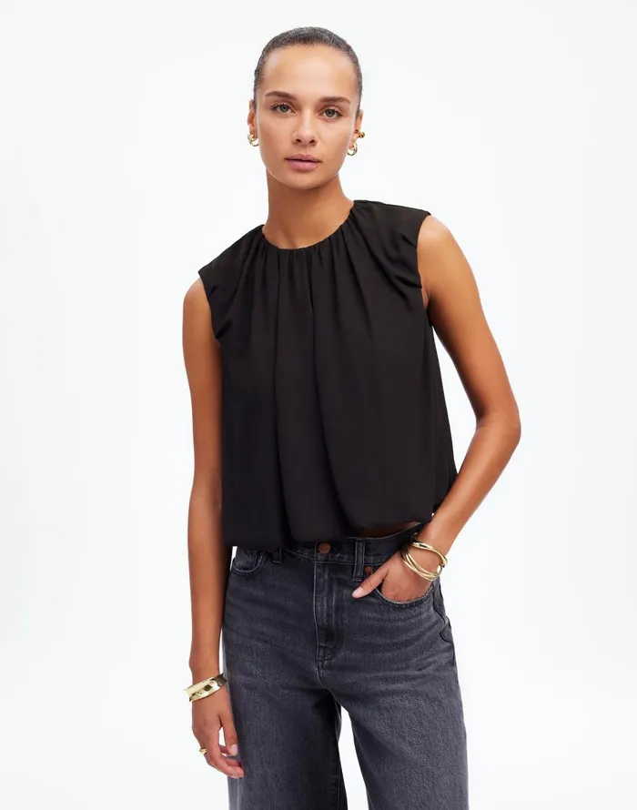 Madewell Sleeveless Bubble Top In Chiffon True Black Women Tops and Shirts