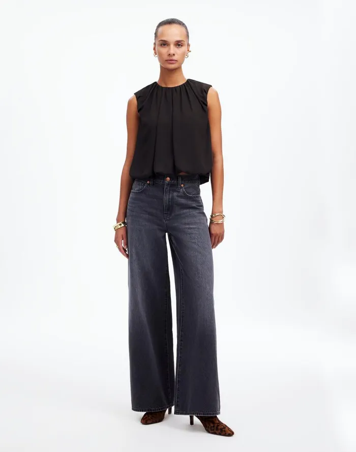 Madewell Sleeveless Bubble Top In Chiffon True Black Women Tops and Shirts