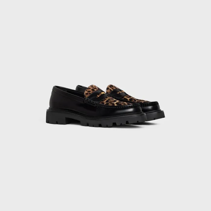 Margaret Loafer With Triomphe Signature In Polished Bull and Leopard Printed Hairy Calfskin Black Brown Men CELINE LOAFERS AND MOCASSINS