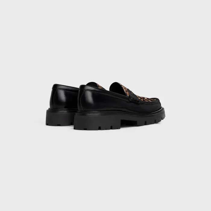 Margaret Loafer With Triomphe Signature In Polished Bull and Leopard Printed Hairy Calfskin Black Brown Men CELINE LOAFERS AND MOCASSINS
