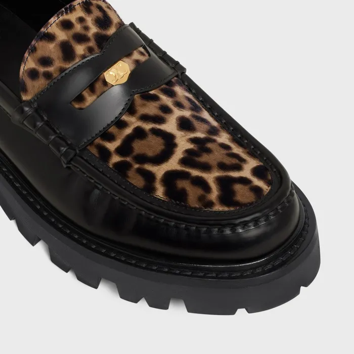 Margaret Loafer With Triomphe Signature In Polished Bull and Leopard Printed Hairy Calfskin Black Brown Men CELINE LOAFERS AND MOCASSINS