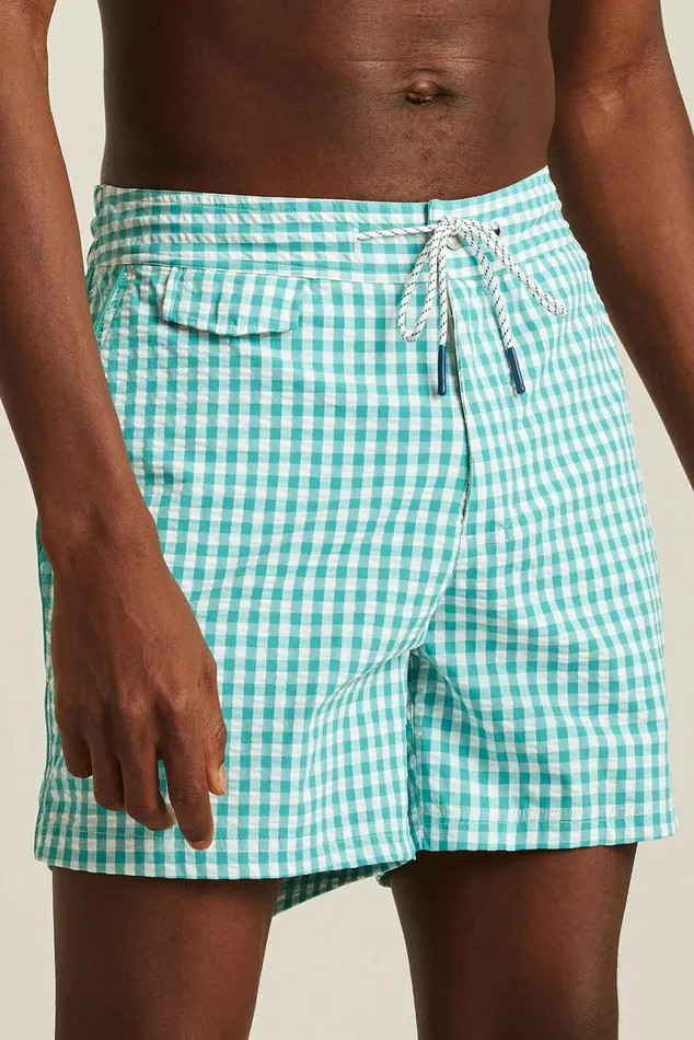 Men Boardwalk Swim Short Teal And White Gingham Bonobos Casual Shorts