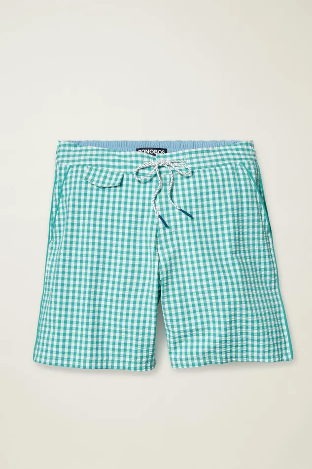 Men Boardwalk Swim Short Teal And White Gingham Bonobos Casual Shorts