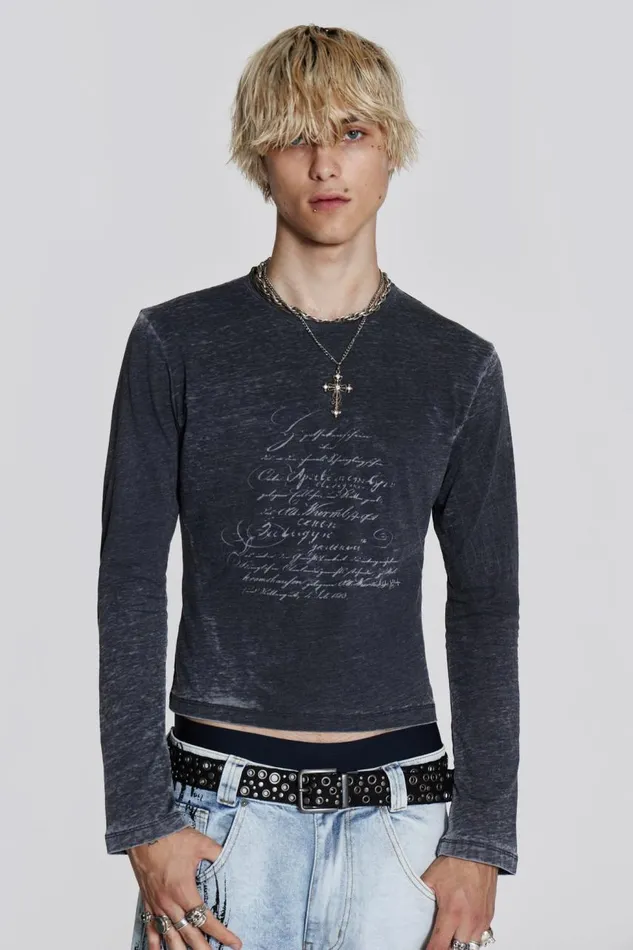 Men Burnout Script Long Sleeve Tee Jaded London TShirts and Vests