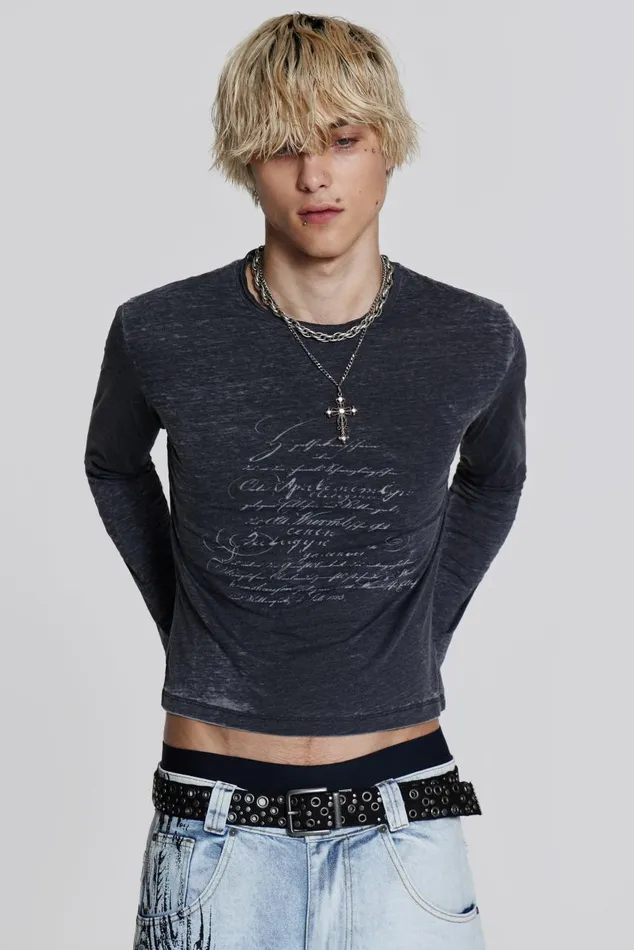 Men Burnout Script Long Sleeve Tee Jaded London TShirts and Vests