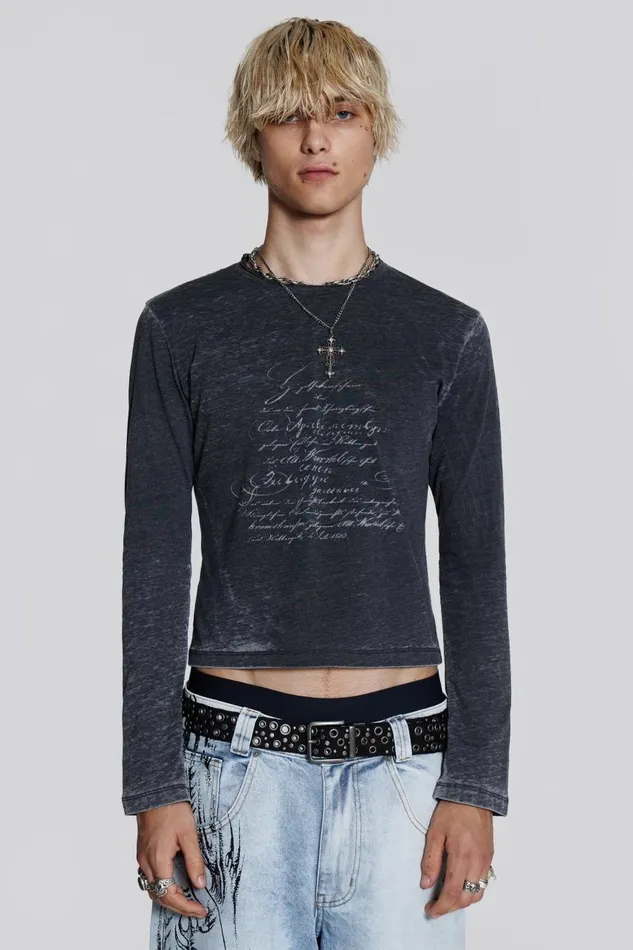 Men Burnout Script Long Sleeve Tee Jaded London TShirts and Vests