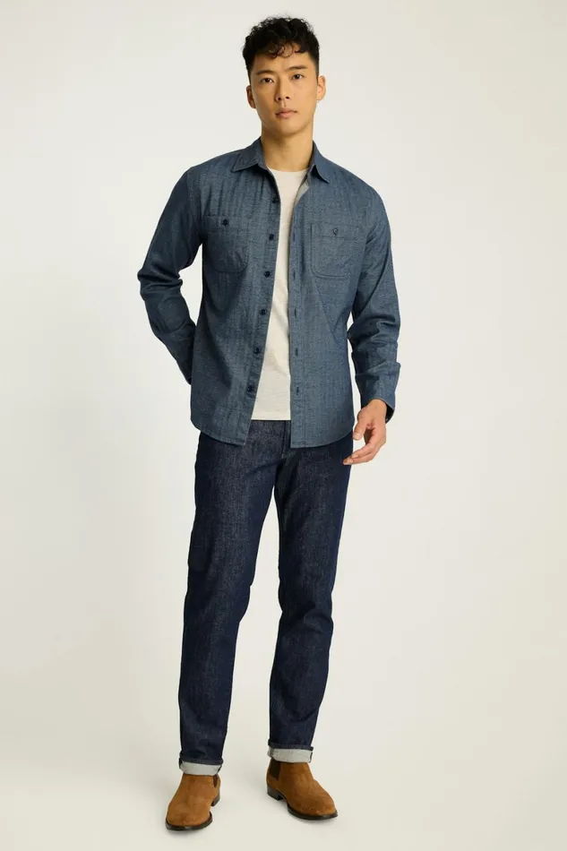 Men Fireside Flannel Shirt Denim Blue Herringbone Bonobos Overshirts