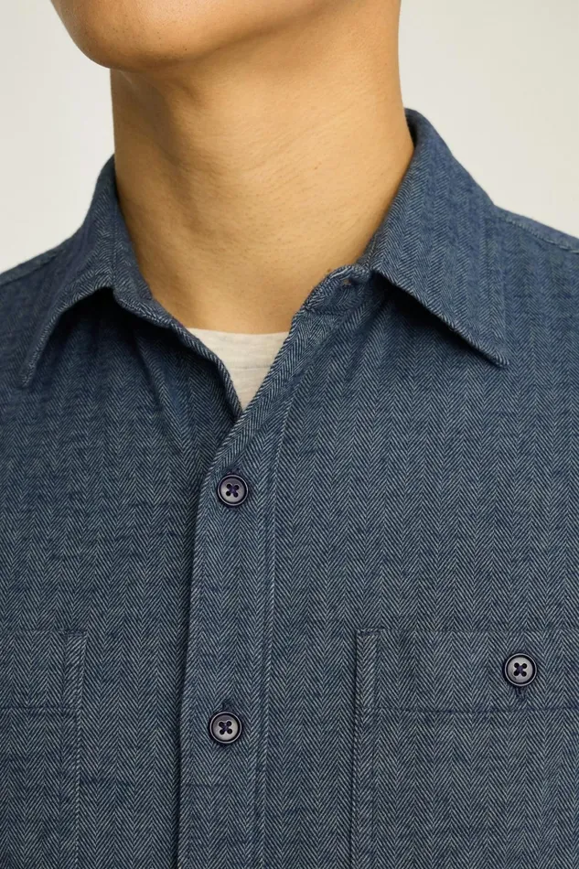 Men Fireside Flannel Shirt Denim Blue Herringbone Bonobos Overshirts