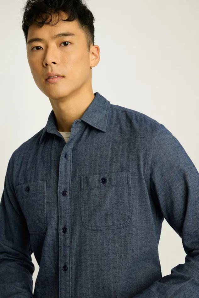 Men Fireside Flannel Shirt Denim Blue Herringbone Bonobos Overshirts