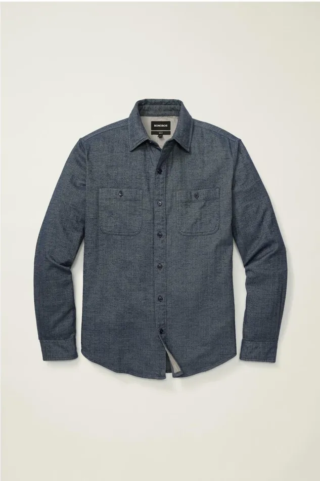 Men Fireside Flannel Shirt Denim Blue Herringbone Bonobos Overshirts