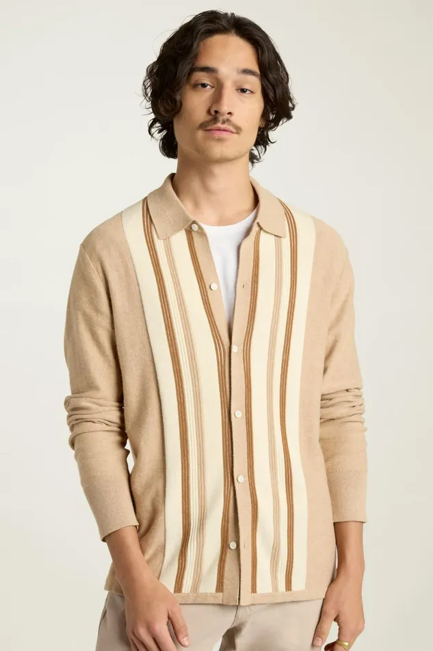 Men Hudson Long Sleeve Sweater Polo Camel Cotton Cashmere Stripe Bonobos Sweater Polos