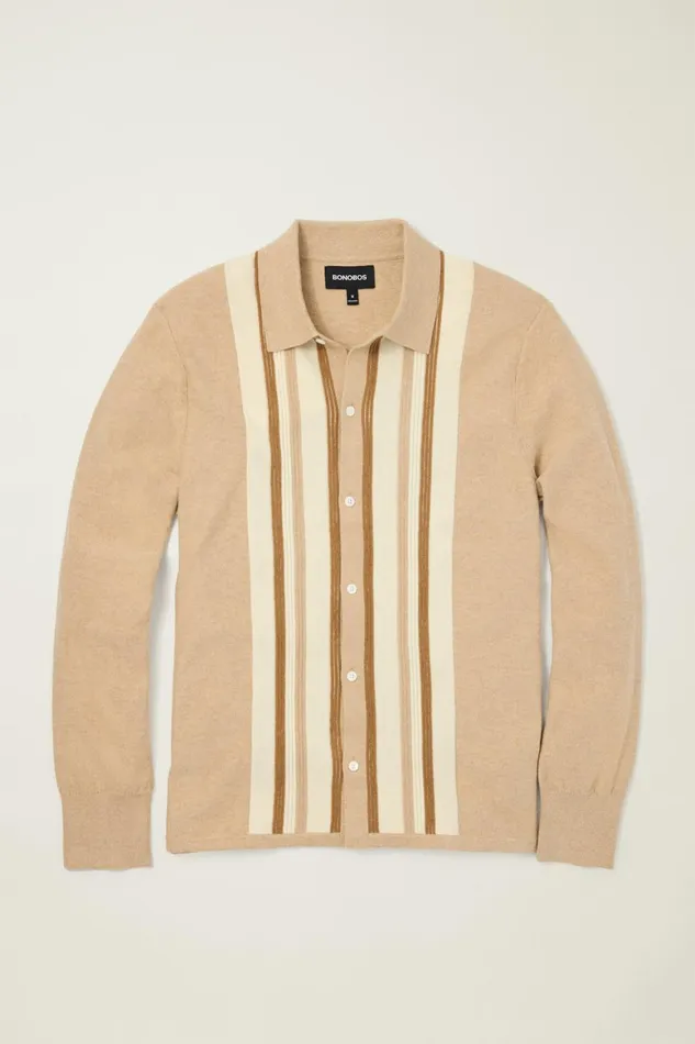 Men Hudson Long Sleeve Sweater Polo Camel Cotton Cashmere Stripe Bonobos Sweater Polos
