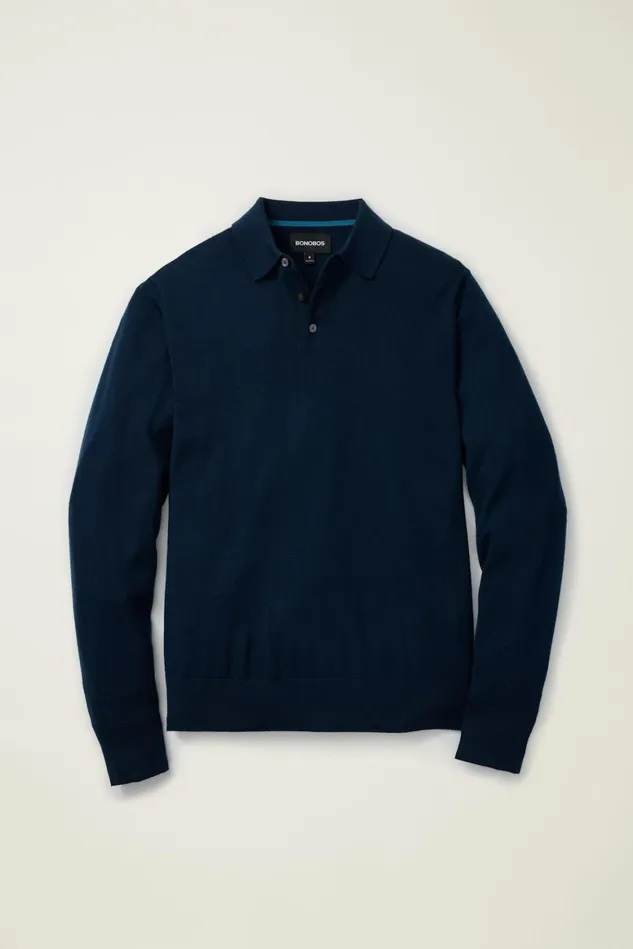 Men Hudson Long Sleeve Sweater Polo Navy Blue Merino Bonobos Sweater Polos