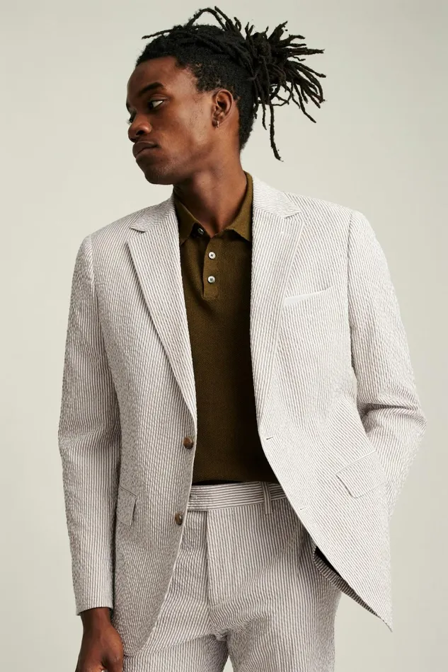 Men Jetsetter Italian Seersucker Blazer Khaki And White Stripe Bonobos Blazers and Sport Coats