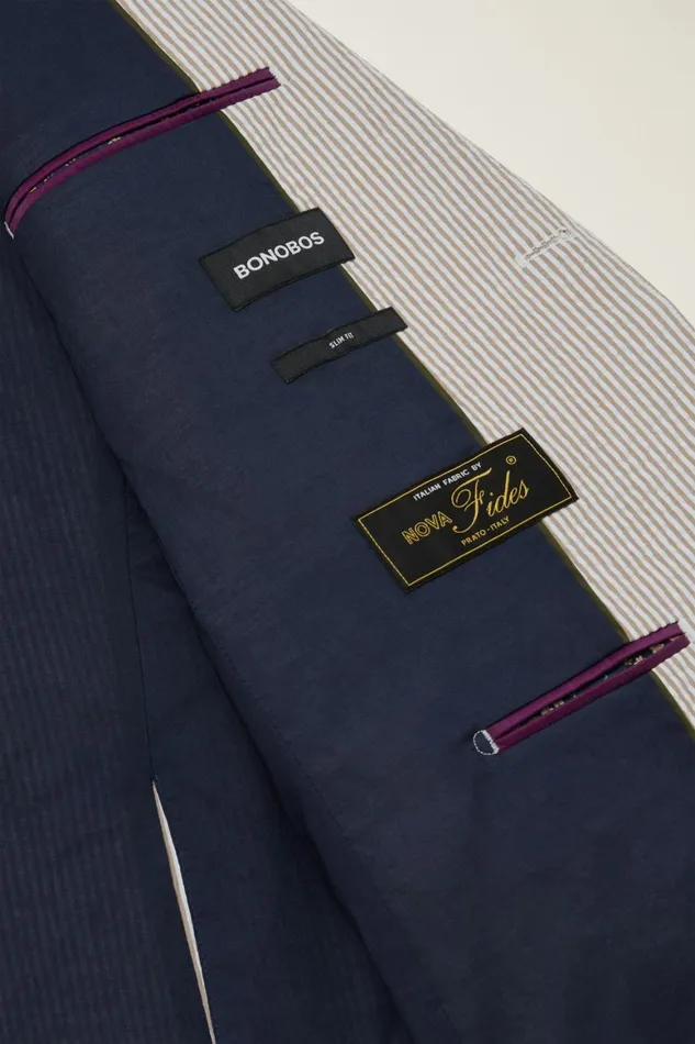 Men Jetsetter Italian Seersucker Blazer Khaki And White Stripe Bonobos Blazers and Sport Coats