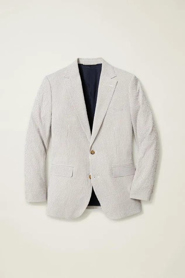 Men Jetsetter Italian Seersucker Blazer Khaki And White Stripe Bonobos Blazers and Sport Coats