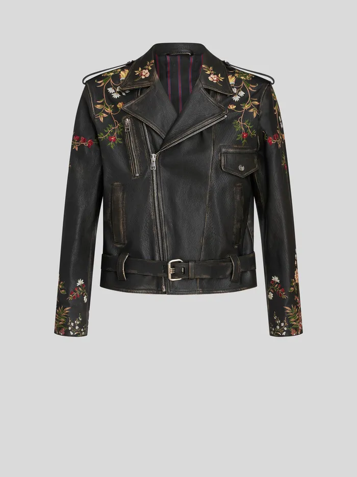 Men Leather Biker Jacket With Embroidery Etro Coats And Outerwear