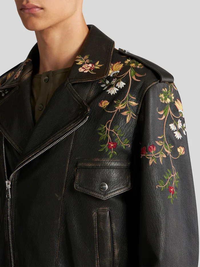 Men Leather Biker Jacket With Embroidery Etro Coats And Outerwear