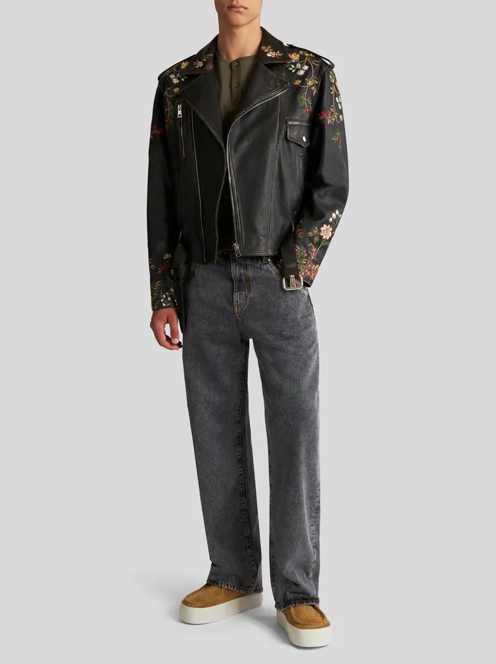 Men Leather Biker Jacket With Embroidery Etro Coats And Outerwear