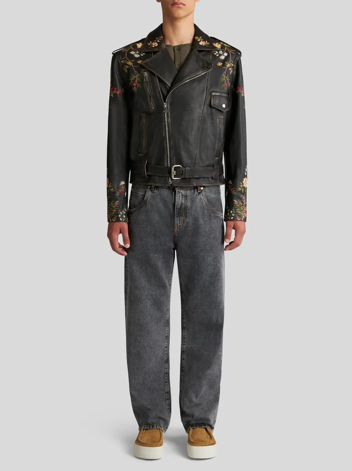 Men Leather Biker Jacket With Embroidery Etro Coats And Outerwear