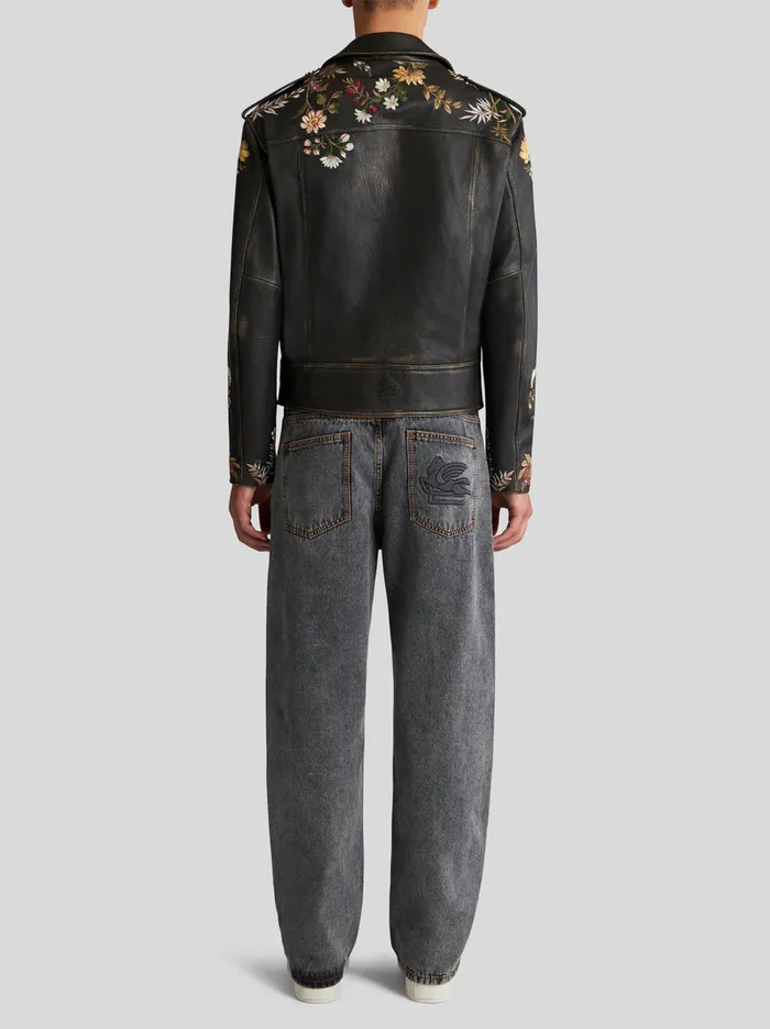 Men Leather Biker Jacket With Embroidery Etro Coats And Outerwear