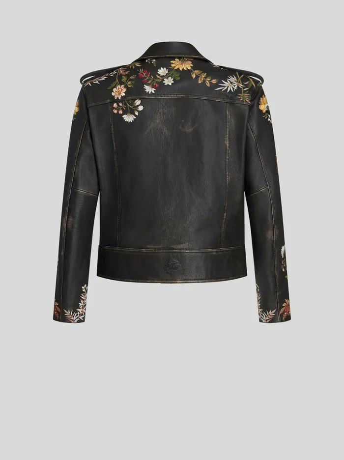 Men Leather Biker Jacket With Embroidery Etro Coats And Outerwear