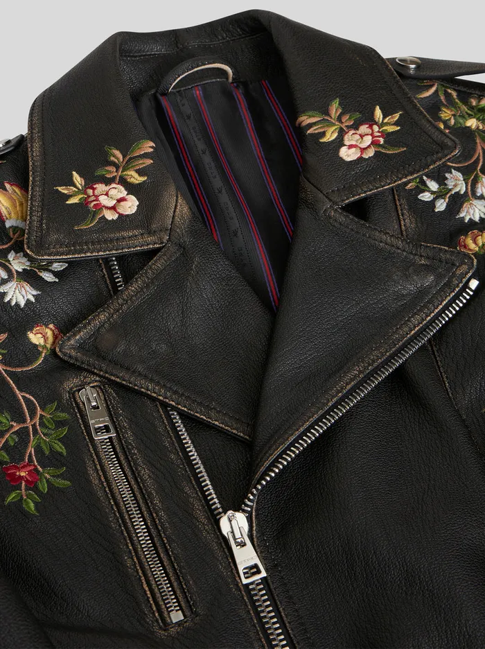 Men Leather Biker Jacket With Embroidery Etro Coats And Outerwear