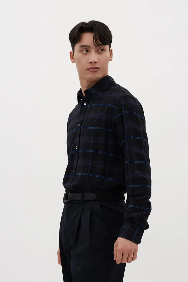 Men Norse Projects Shirting Algot Relaxed Textured Check Shirt Dark Navy