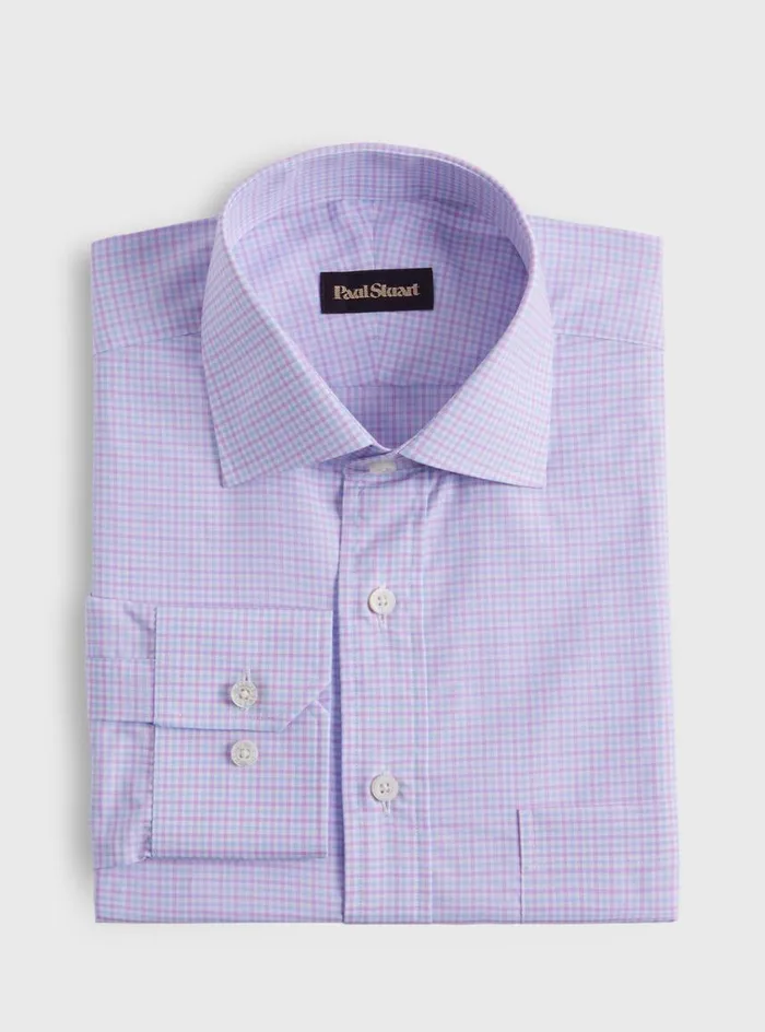 Men Paul Stuart Dress Shirts Small Check Cotton Dress Shirt Pink
