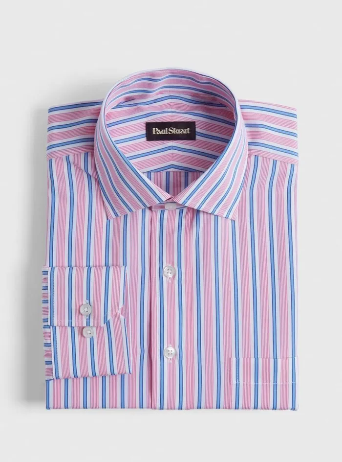 Men Paul Stuart Dress Shirts Variegated Stripe Cotton Dress Shirt Pink