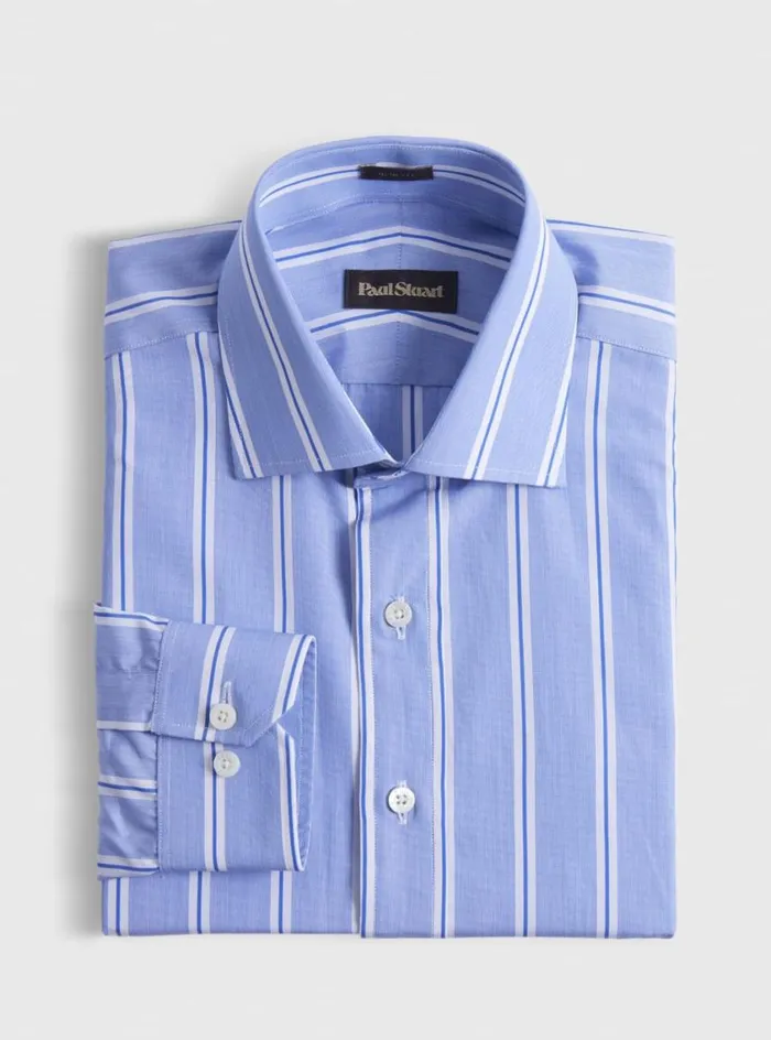 Men Paul Stuart Dress Shirts Wide Stripe Slim Fit Dress Shirt Navy