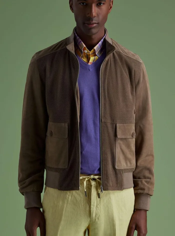 Men Paul Stuart Outerwear Herringbone Suede Jacket Tan