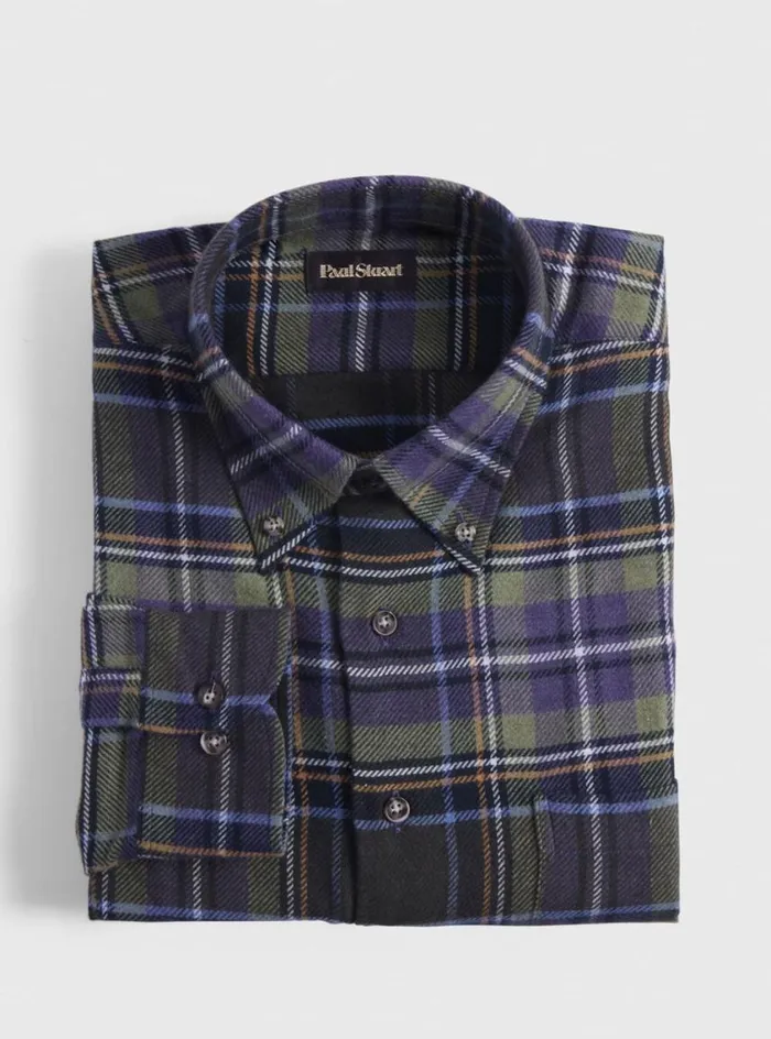 Men Paul Stuart Sport Shirts Flannel Plaid Sport Shirt Greenpurple