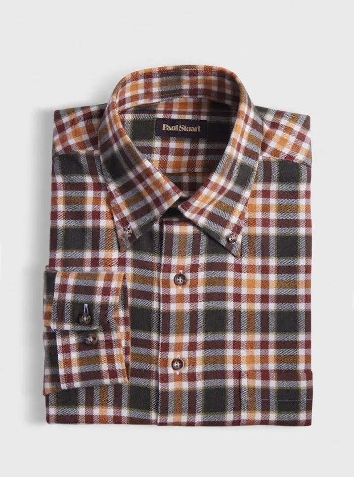 Men Paul Stuart Sport Shirts Flannel Plaid Sport Shirt Olive