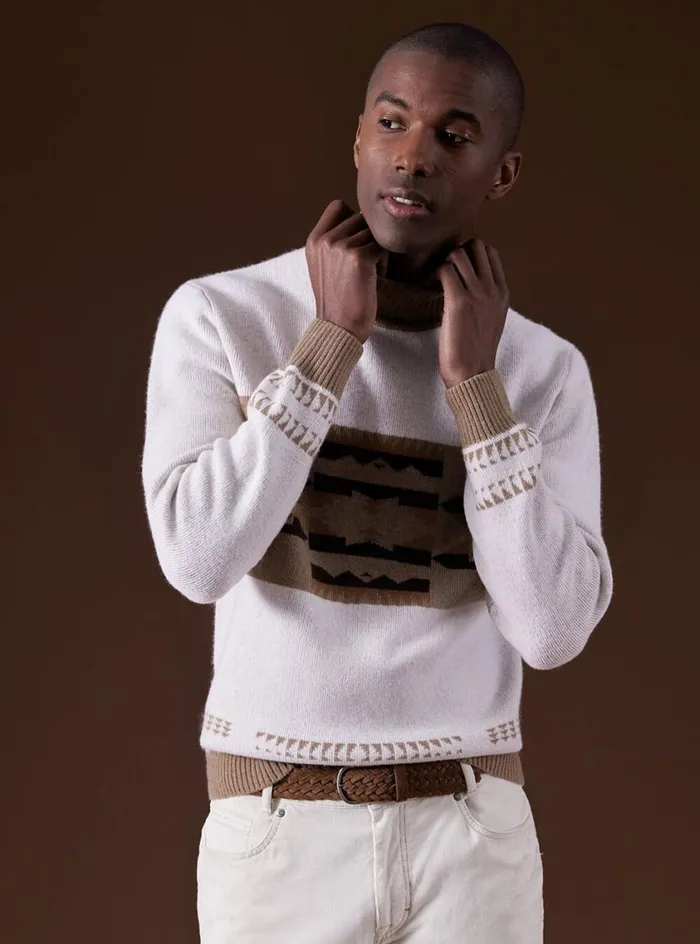 Men Paul Stuart Sweaters Cashmere and Wool Intarsia Turtleneck Sweater Creamtan